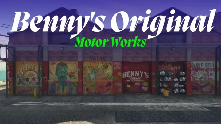 Benny’s Motor Works garage with tools and tuning area