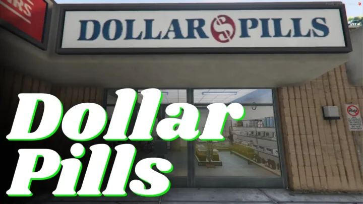 Interior view of the Fivem Dollar Pills Shop with medicine shelves and a counter.