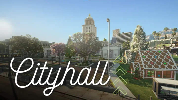 Festive FiveM cityhall exterior with lights and decorations.