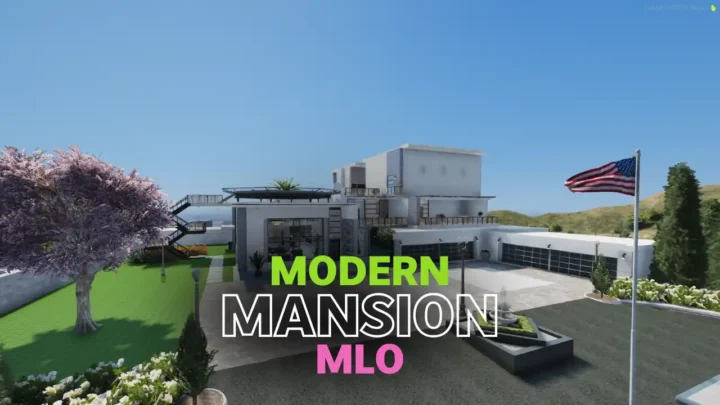 FiveM Modern Mansion MLO with pool, helipad, and luxury rooms.