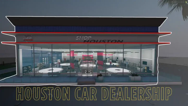 Modern Houston Car Dealership interior with car displays.