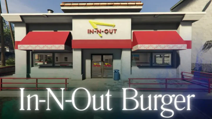 In-N-Out Burger interior with red booths and kitchen