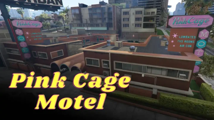 Pink Cage Motel MLO exterior with pool and apartments