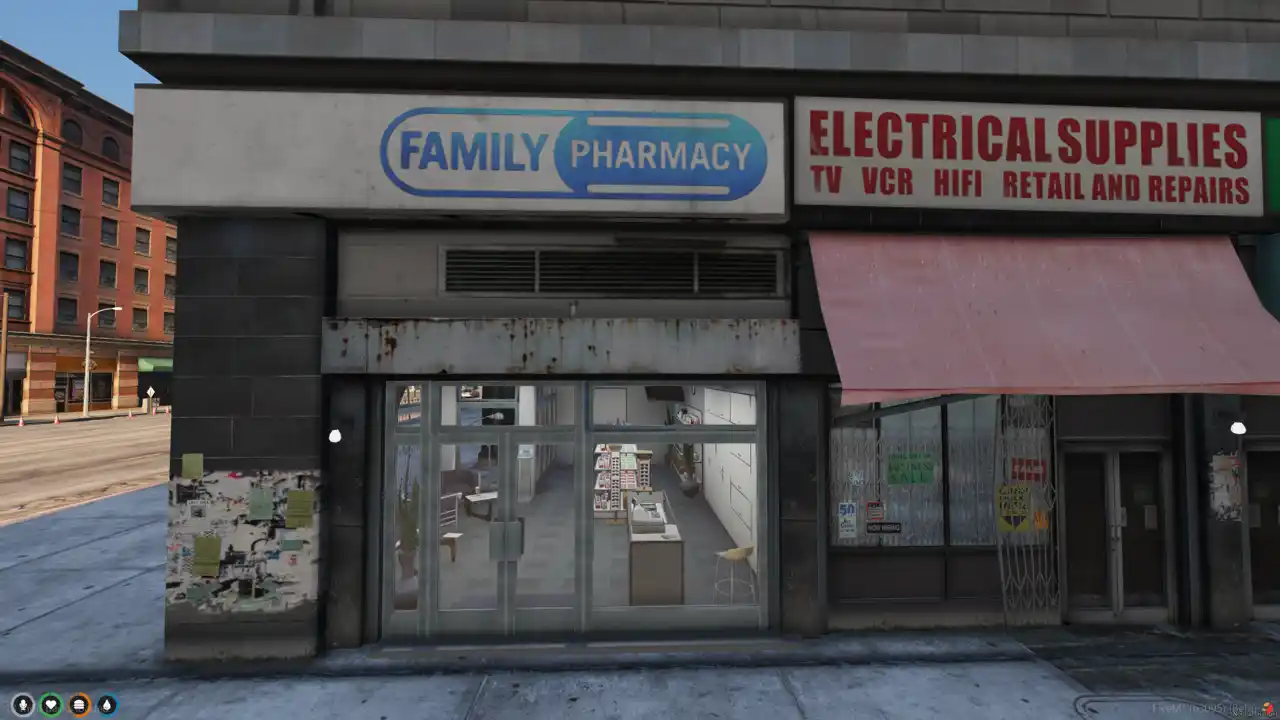 Family Pharmacy MLO glass door storefront with capsule signage for this FiveM MLO and FiveM Map shop