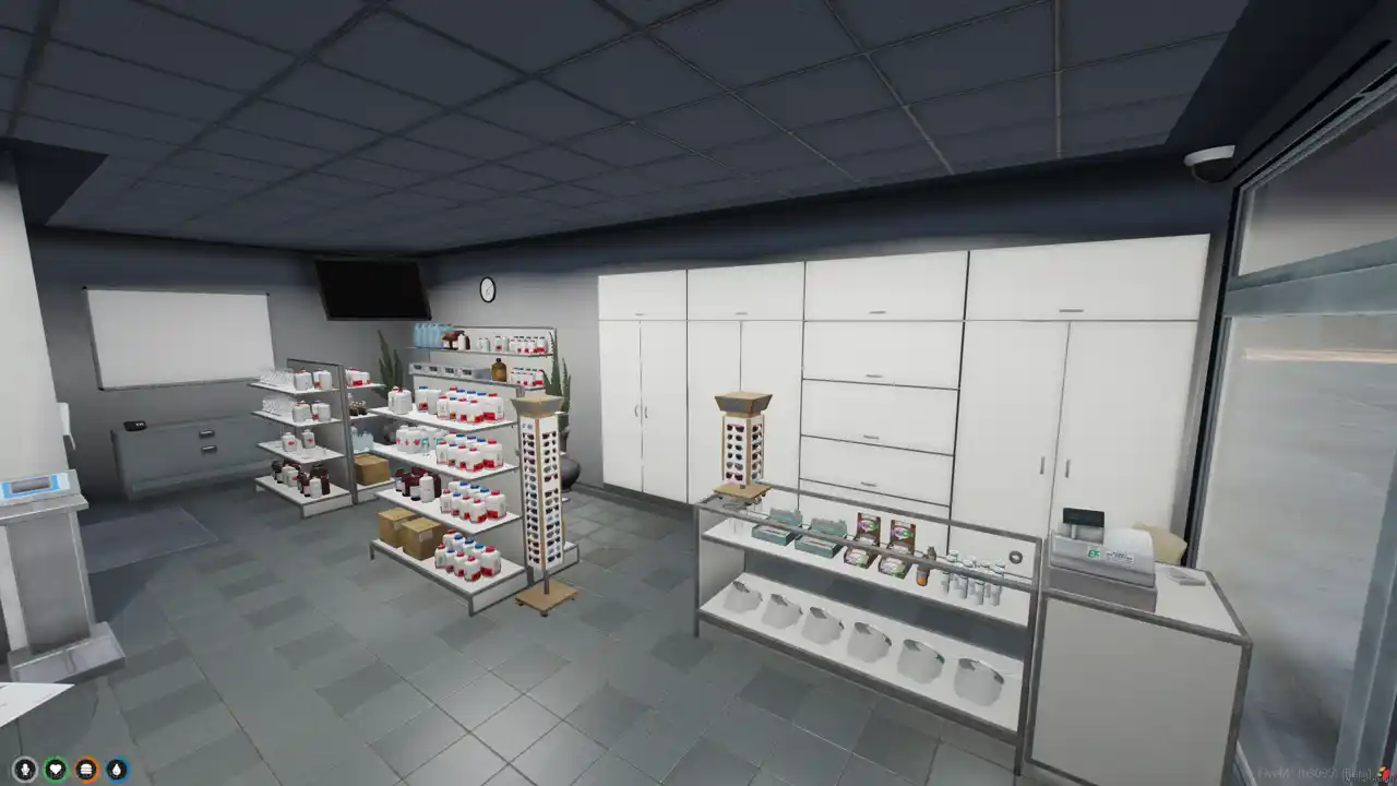 Family Pharmacy MLO interior shelves stocked with medicine on this FiveM MLO FiveM Map pharmacy