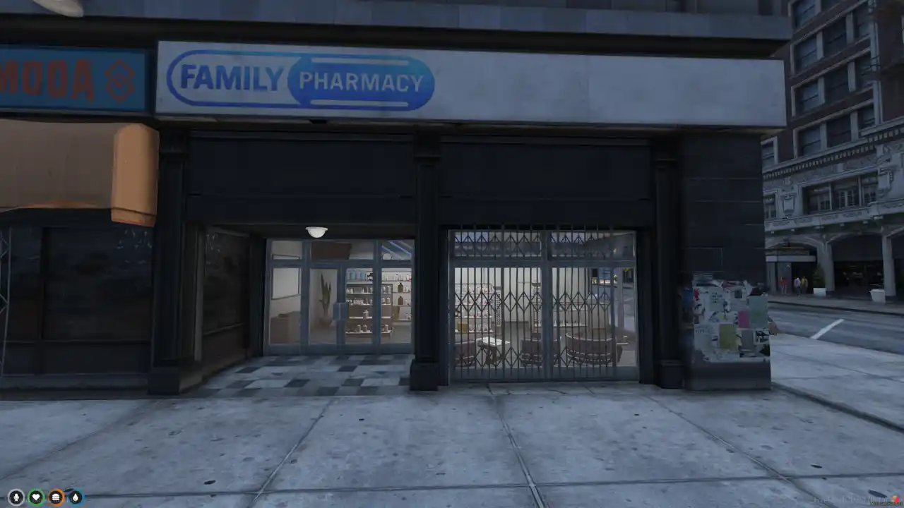 Family Pharmacy MLO storefront with black security gate shown in this FiveM MLO and FiveM Map pharmacy location