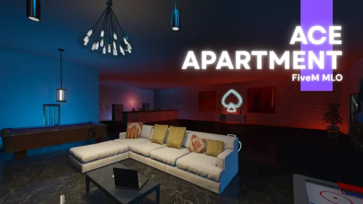 FiveM Ace Apartment MLO – modern lounge with white couch and neon lights FiveM Map interior