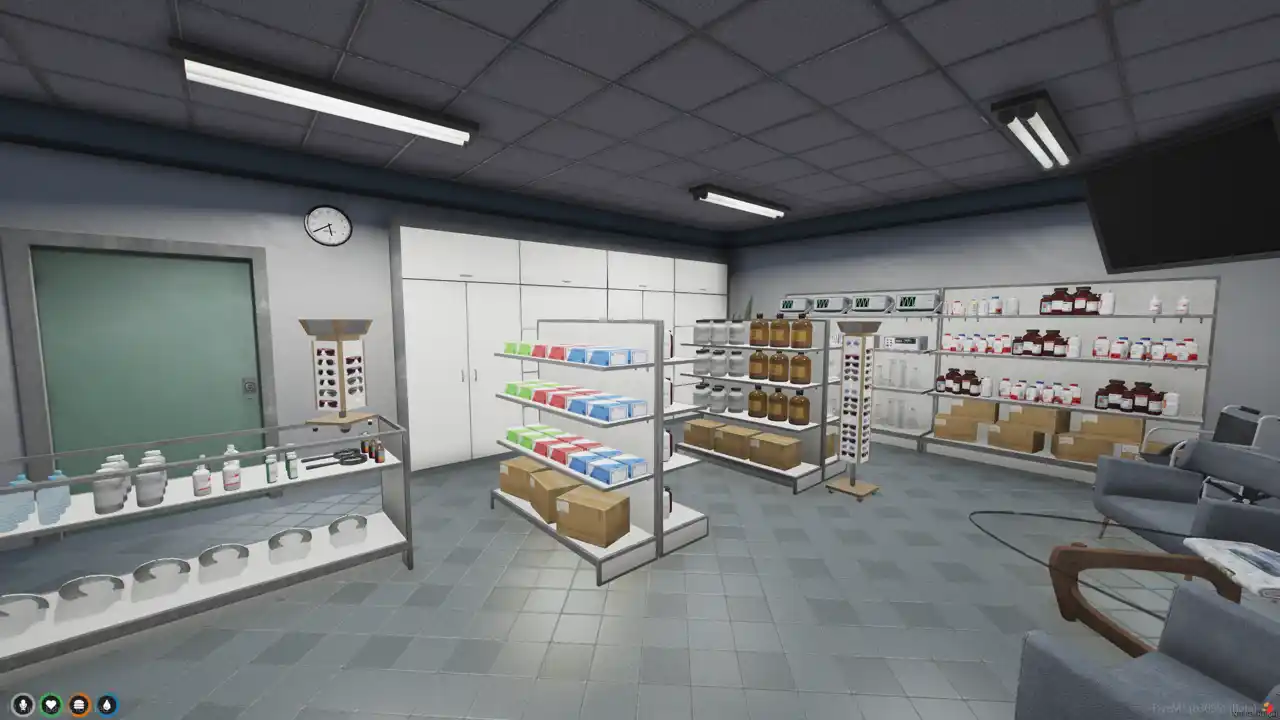 Bayside Drugs MLO counter area with checkout zone and sunglasses display inside this FiveM MLO and FiveM Map pharmacy