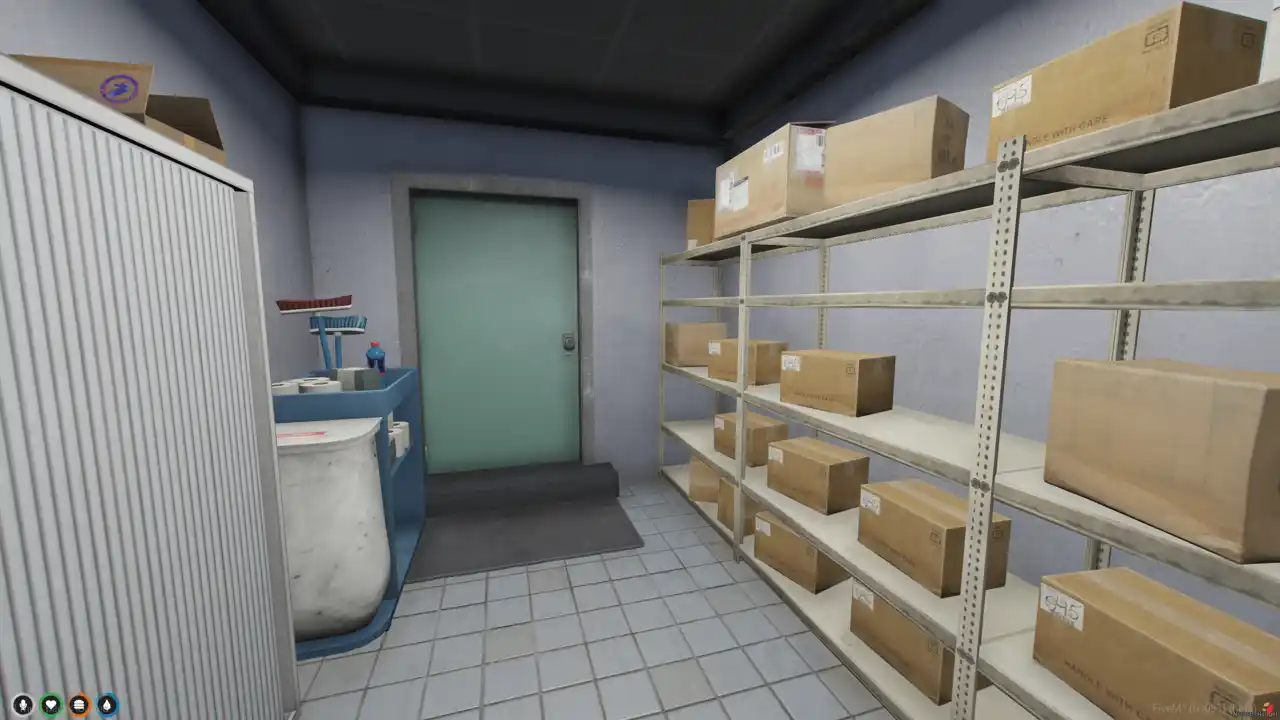 Bayside Drugs MLO back storage room with boxes and cleaning tools in this FiveM MLO and FiveM Map pharmacy