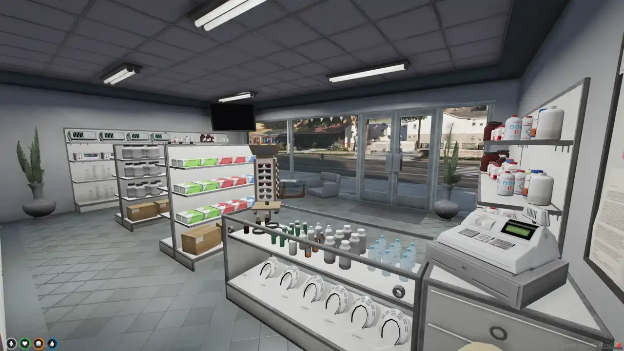 Bayside Drugs MLO retail shelves with pill bottles and products inside this FiveM MLO and FiveM Map pharmacy