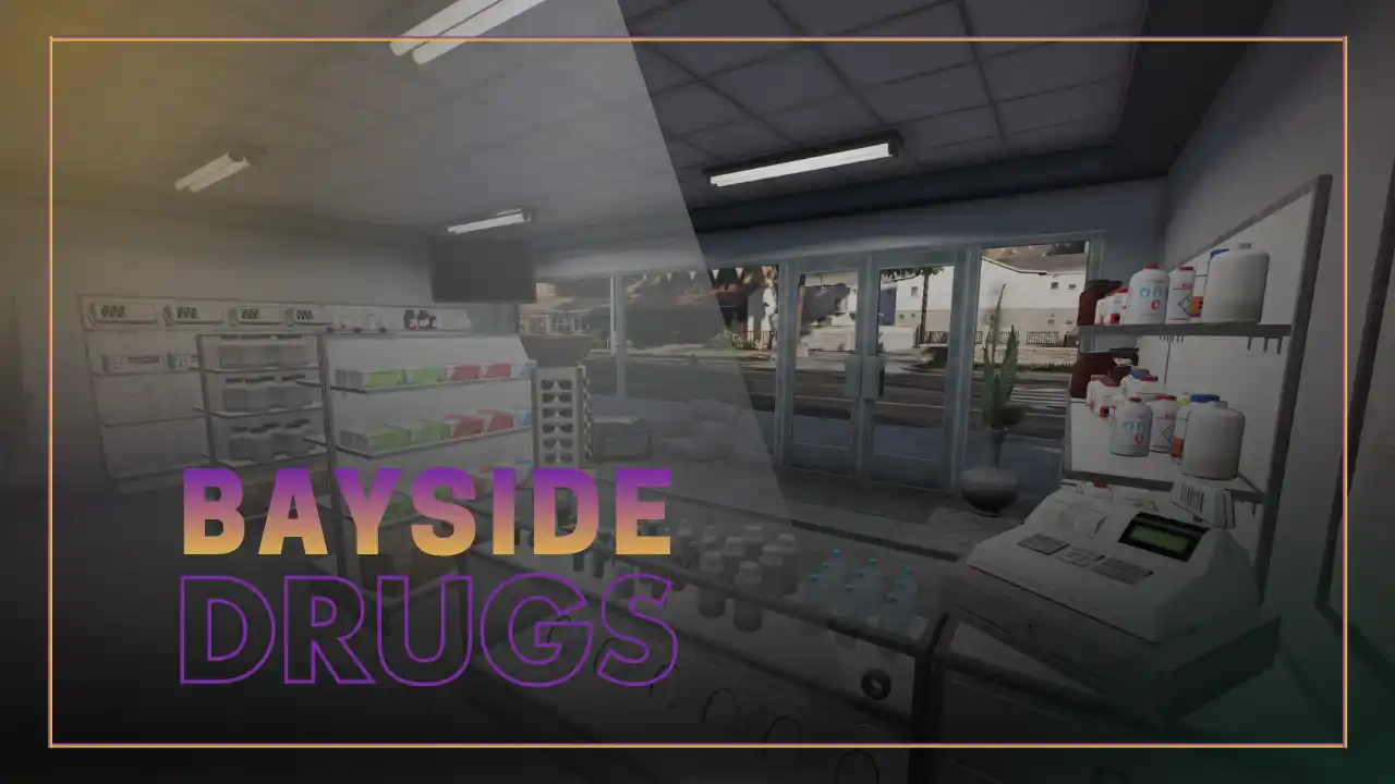 Bayside Drugs MLO main thumbnail showing the interior of this FiveM MLO and FiveM Map pharmacy setup