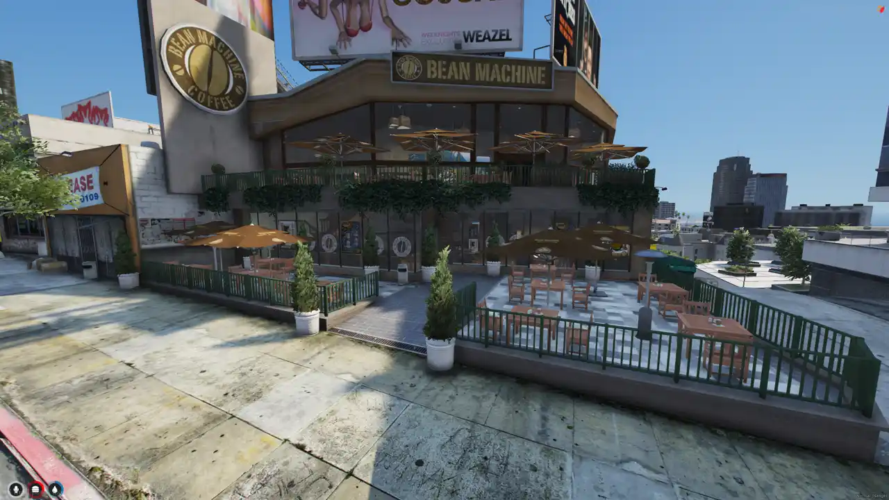 Bean Machine MLO exterior patio with tables and balcony seating at this FiveM MLO and FiveM Map coffee shop
