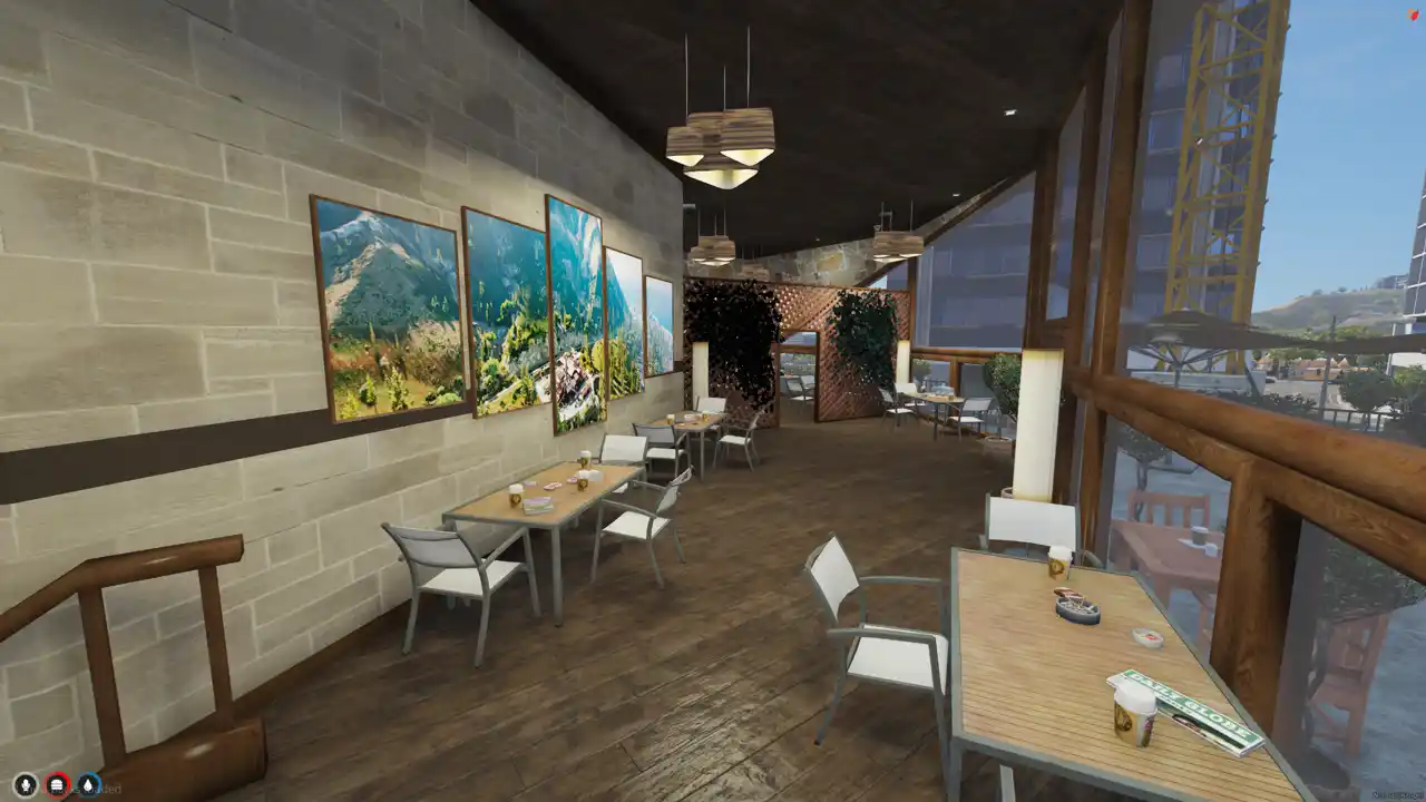 Bean Machine MLO indoor dining area with tables and wall art inside this FiveM MLO and FiveM Map coffee shop