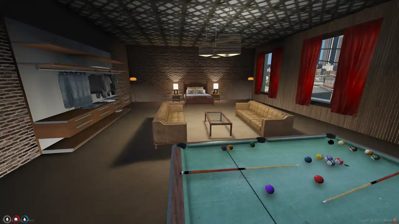 FiveM Club House MLO – lounge area with pool table and leather couches FiveM Map