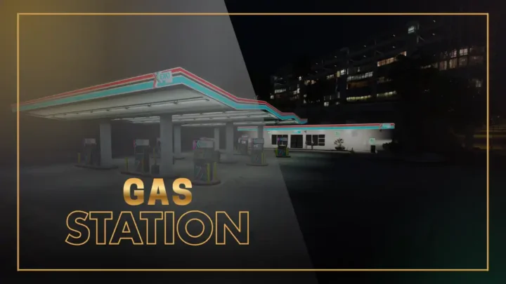 FiveM Gas Station Map thumbnail showing the neon-lit fuel station exterior of this FiveM MLO and FiveM Map build