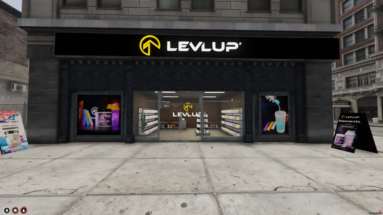 FiveM Levlup Store MLO – street-level storefront view with signage and glass doors FiveM Map