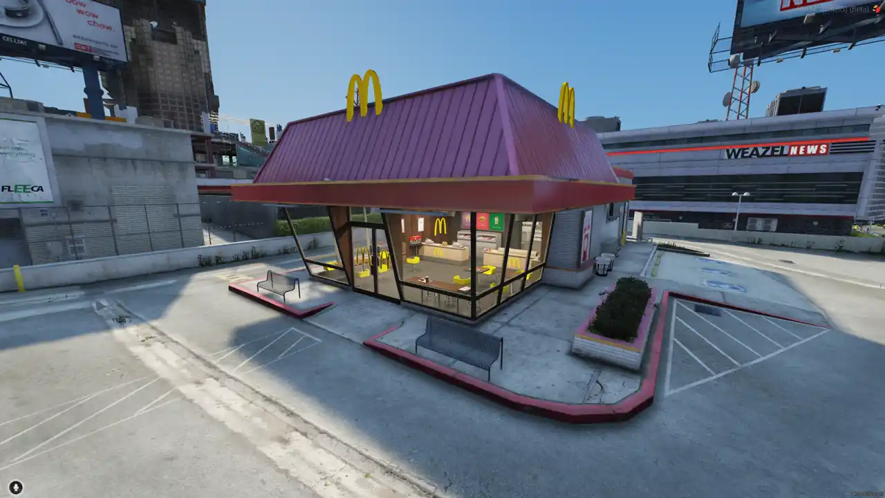 FiveM McDonald MLO exterior building with red roof and outdoor benches | FiveM MLO FiveM Map fast food restaurant exterior