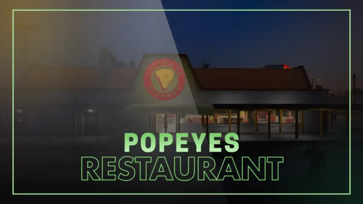 FiveM Popeyes Restaurant MLO exterior night view with branded red roof and signage in Davis | FiveM MLO FiveM Map fast food interior