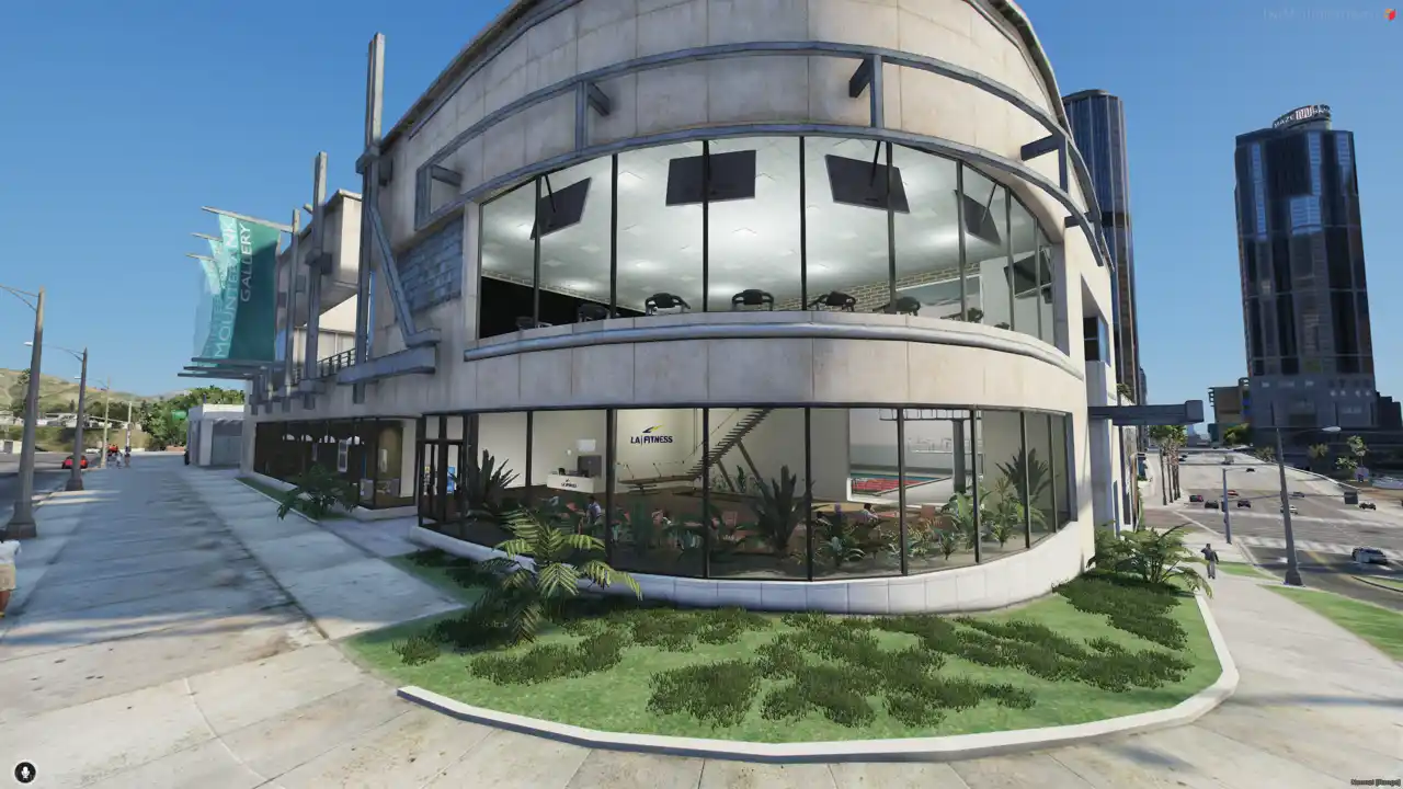 LA Fitness Gym MLO glass exterior daytime angle showing curved structure | FiveM MLO FiveM Map modern gym