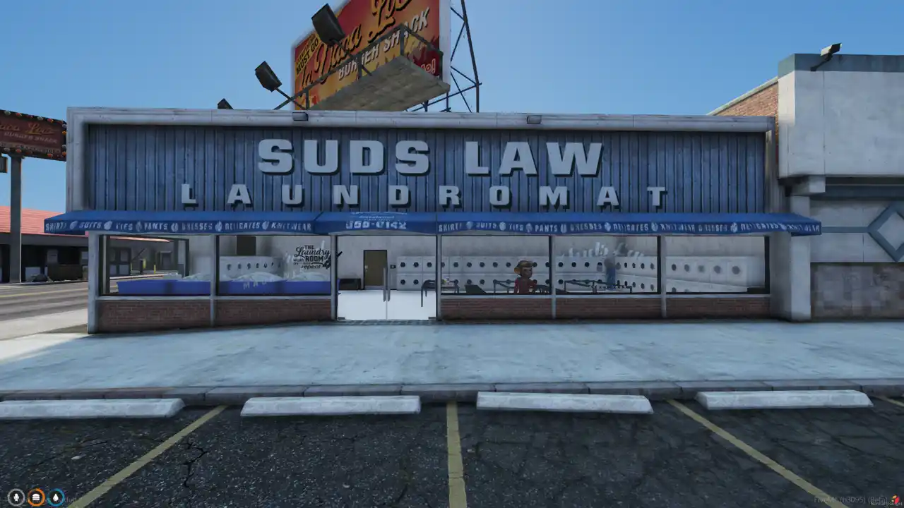 Suds Law Laundromat Map FiveM MLO storefront with blue awning, signage, and urban building facade.