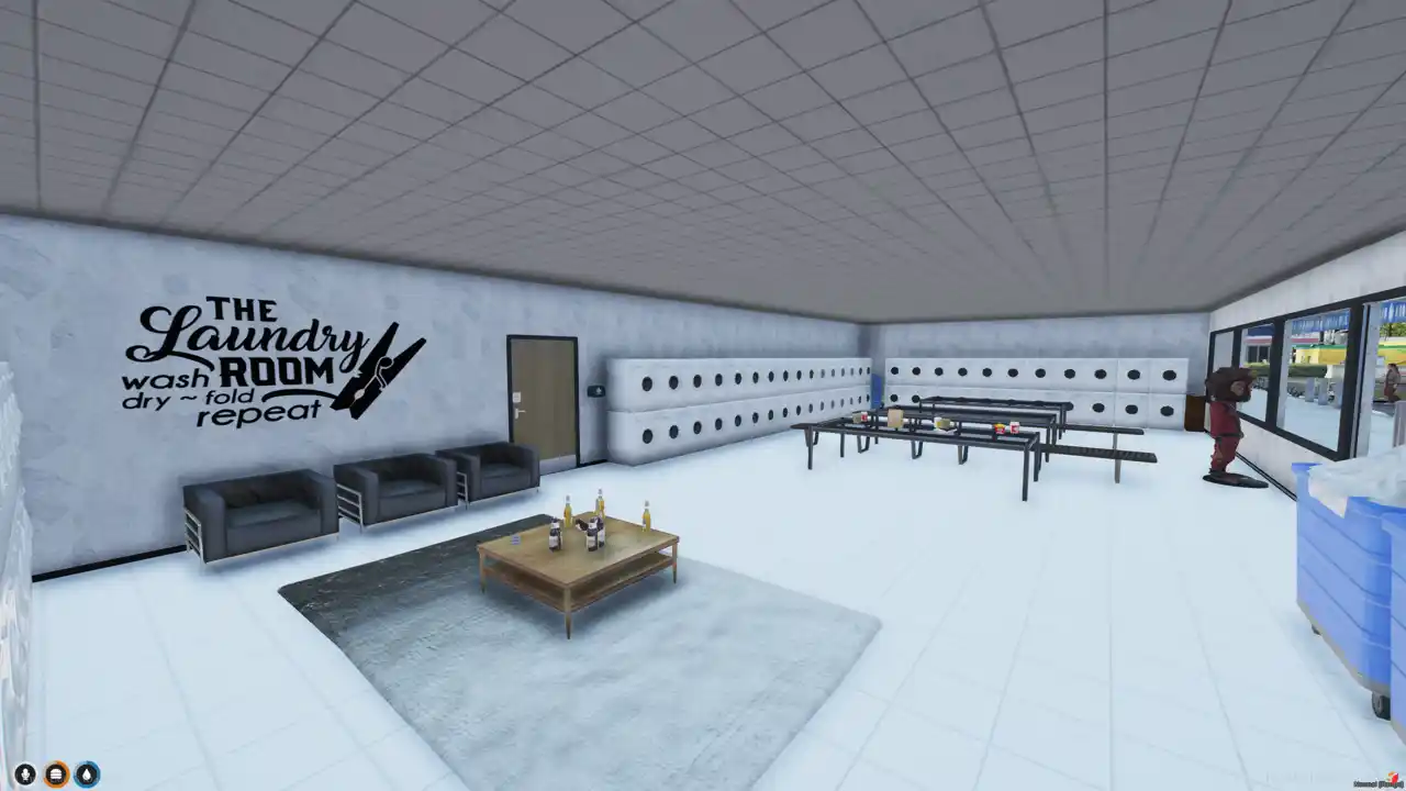 Suds Law Laundromat Map FiveM MLO back utility room featuring extra washers, workstation, and ironing setup.