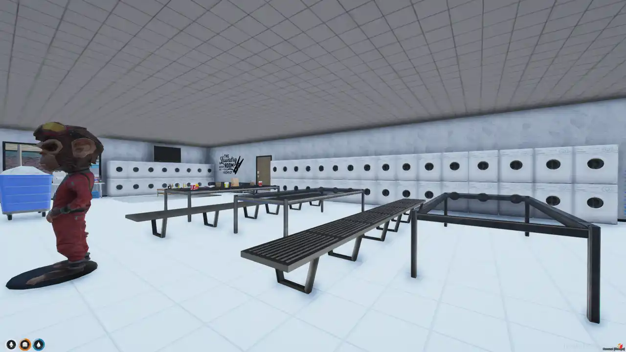 Suds Law Laundromat Map FiveM MLO wash hall with stacked washers, dryers, and folding tables in a clean RP layout.