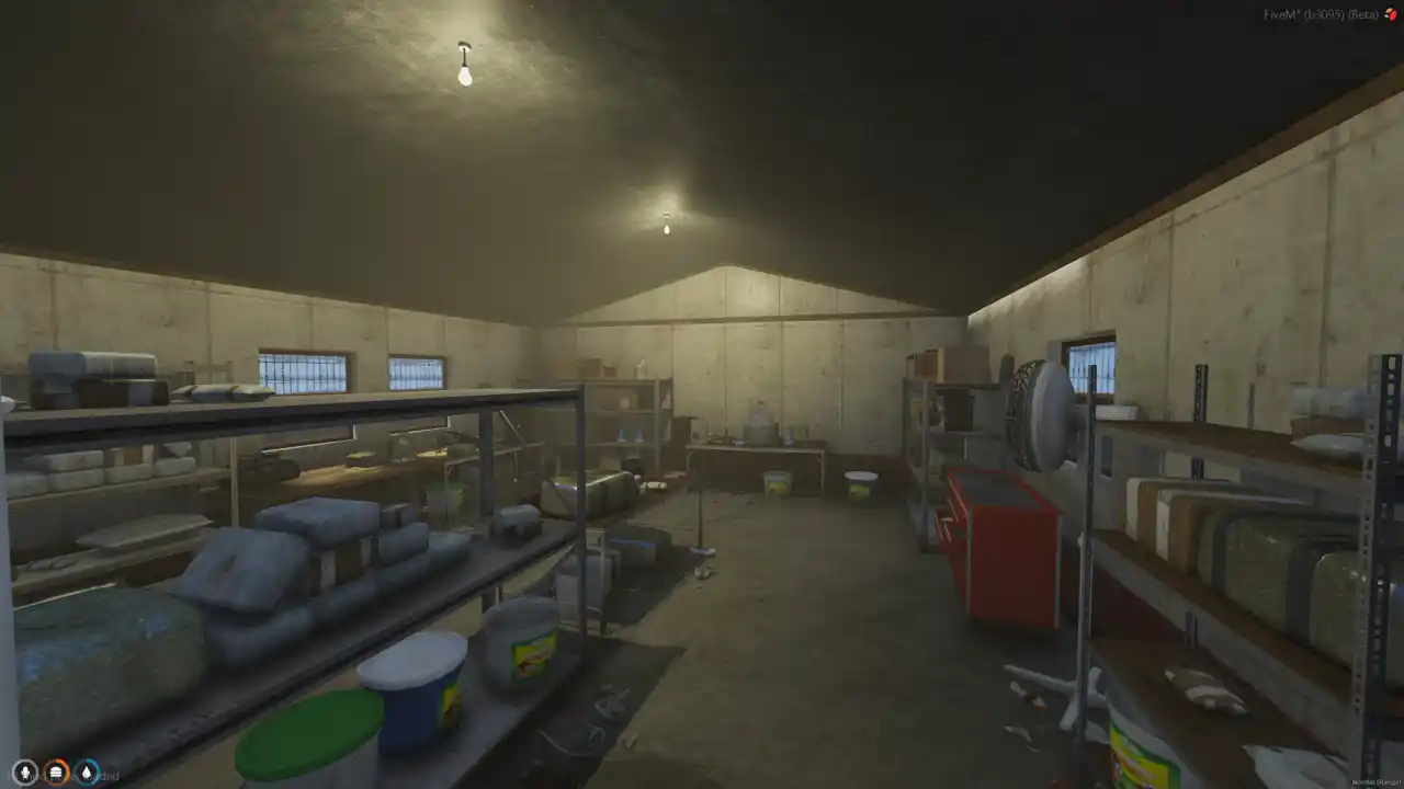 Weed Farm Location MLO FiveM MLO interior shelves holding wrapped bricks, buckets, and workshop supplies in a concealed drug area.