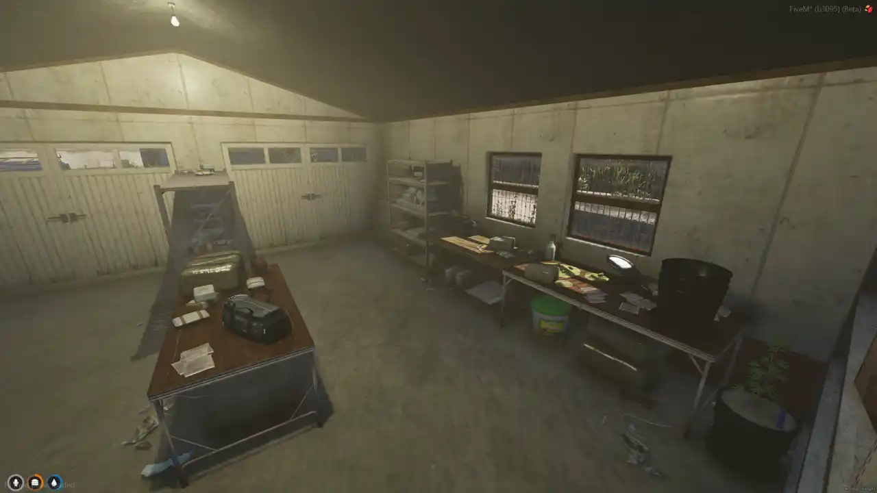 Weed Farm Location MLO FiveM MLO drug-processing tables with scales, packaging tools, and duffel bags inside a hidden workshop.