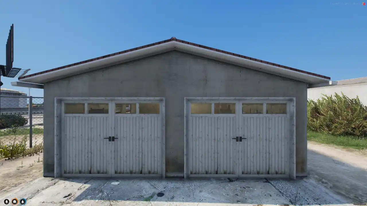 Weed Farm Location MLO FiveM MLO exterior garage building with white doors and low-profile workshop design on a FiveM Map.